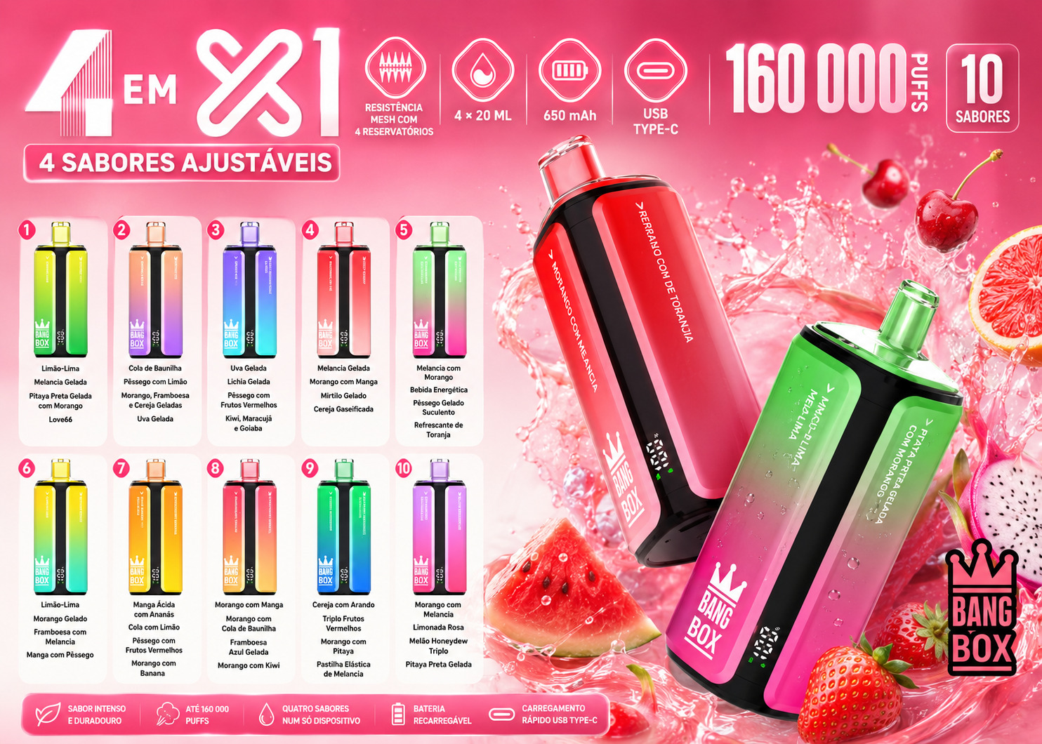 Bang Box 160.000 puffs vape recarregável Portugal sabores Manga-morango, Blue Razz gelado, Morango kiwi, Cereja mirtilo, Chiclete melancia e Black Dragon ice