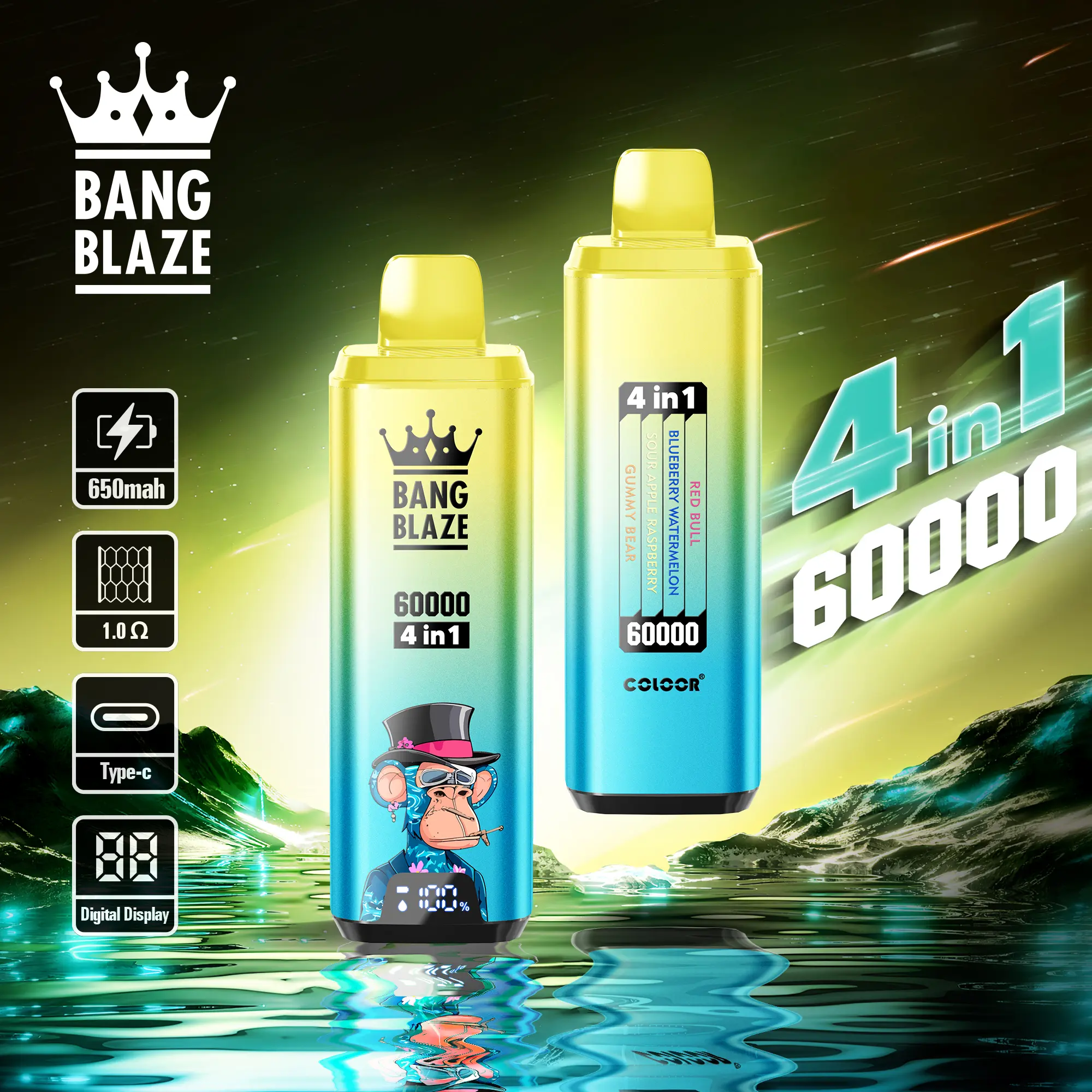 Bang Blaze 60000 60k Puffs 4 In 1 Flavors Newest Original Rechargeable Lcd Display Disposable Vape