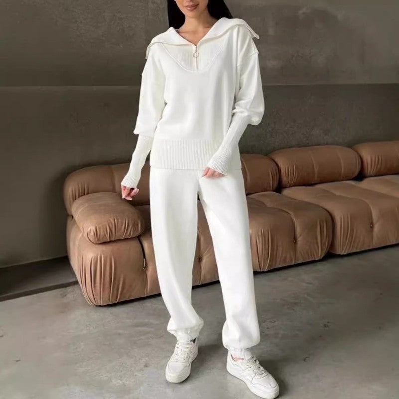 Conjunto de 2 peças de roupa desportiva casual para mulher – top com meio fecho e lapela e jogger a condizer
