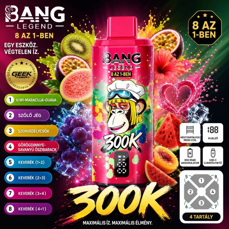 Bang Legend 8in1 300K kiwi maracuja guava szőlő fagylalt és csokó görögdinnye savanyú őszibarack vape