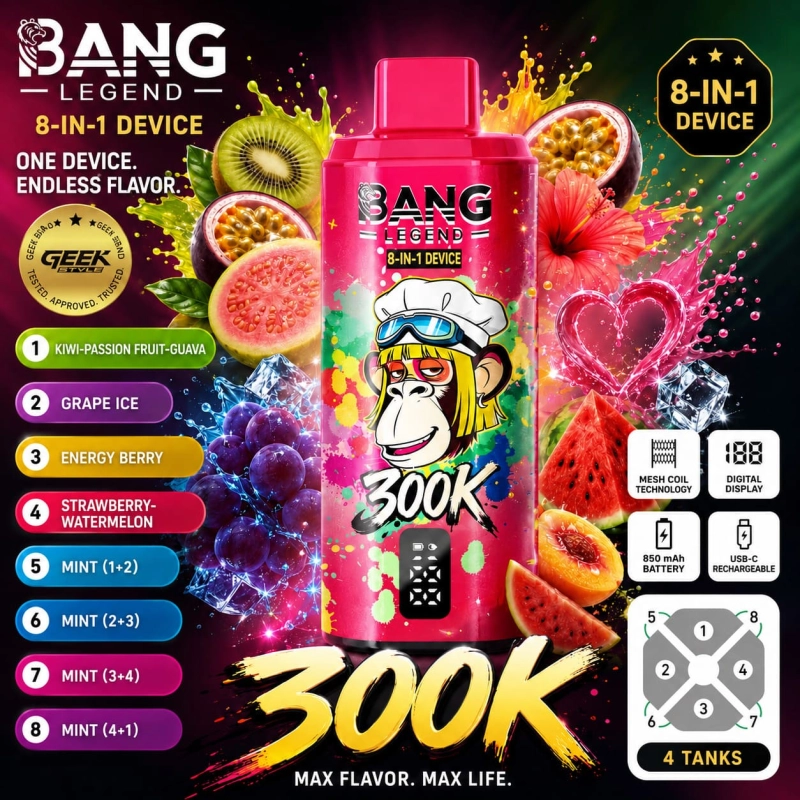 Bang Legend 300K 8-in-1 vape with Kiwi Passion Fruit Guava, Grape Ice, Passionate Kiss and Watermelon Sour Peach