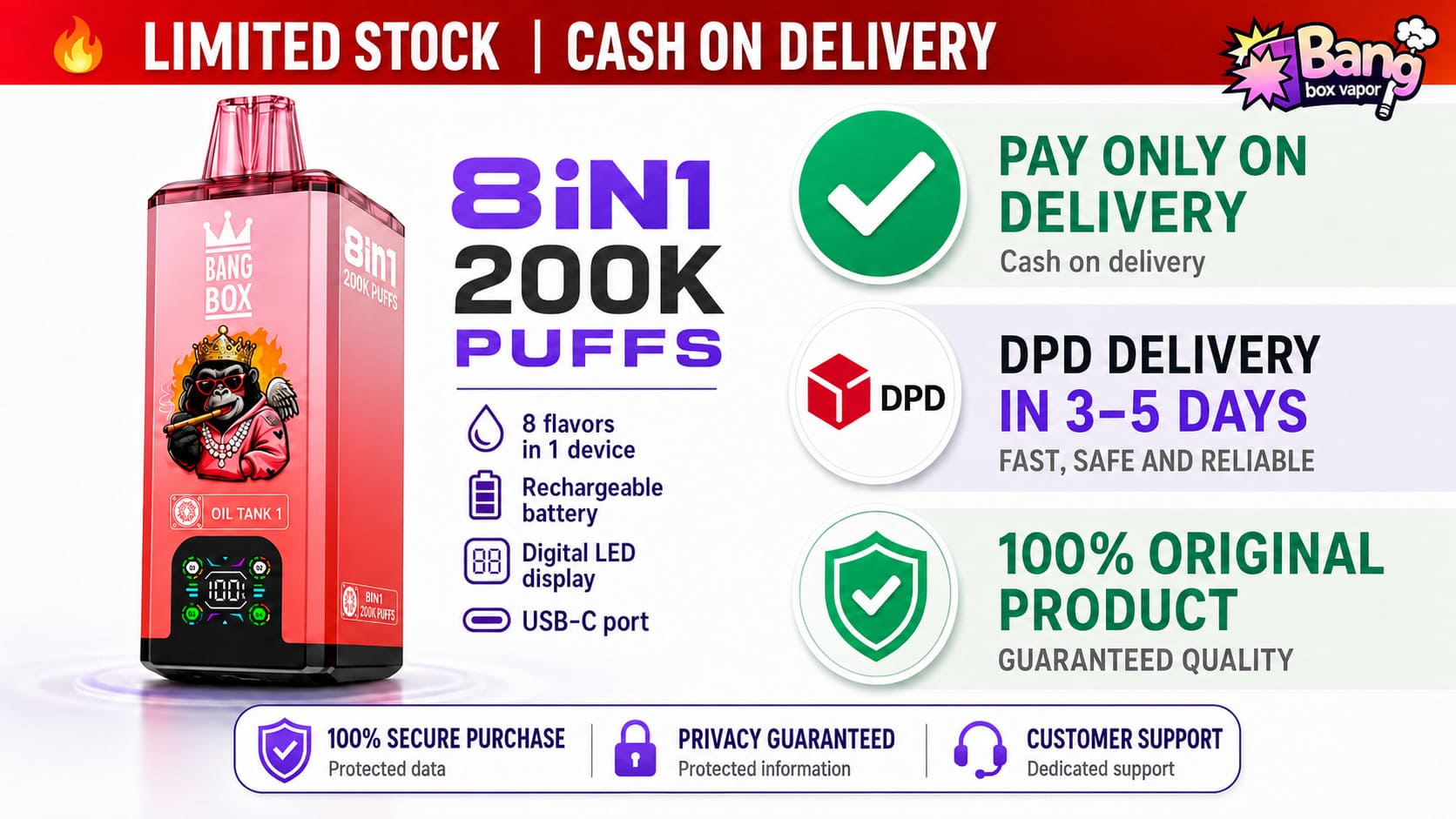 Bang Box 200K vape cash on delivery payment, DPD delivery service, rechargeable 8 in 1 vape with LED display and secure shopping