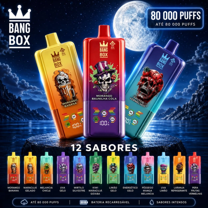 BANGBOX 80.000 puffs vape descartável 3-em-1 recarregável, sabor intenso, dispositivo premium com grande autonomia e variedade de sabores para Portugal
