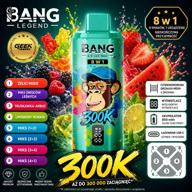 Bang Legend 300K 8w1 jednorazowy vape – Truskawka-Banan, Arbuz-Miks Jagodowy, Borówka Ice, Jabłko Fuji Ice