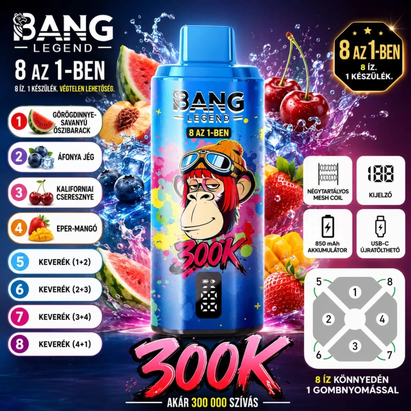 Bang Legend 8in1 300K görögdinnye savanyú őszibarack áfonya jégkrém kaliforniai cseresznye eper mangó mix vape