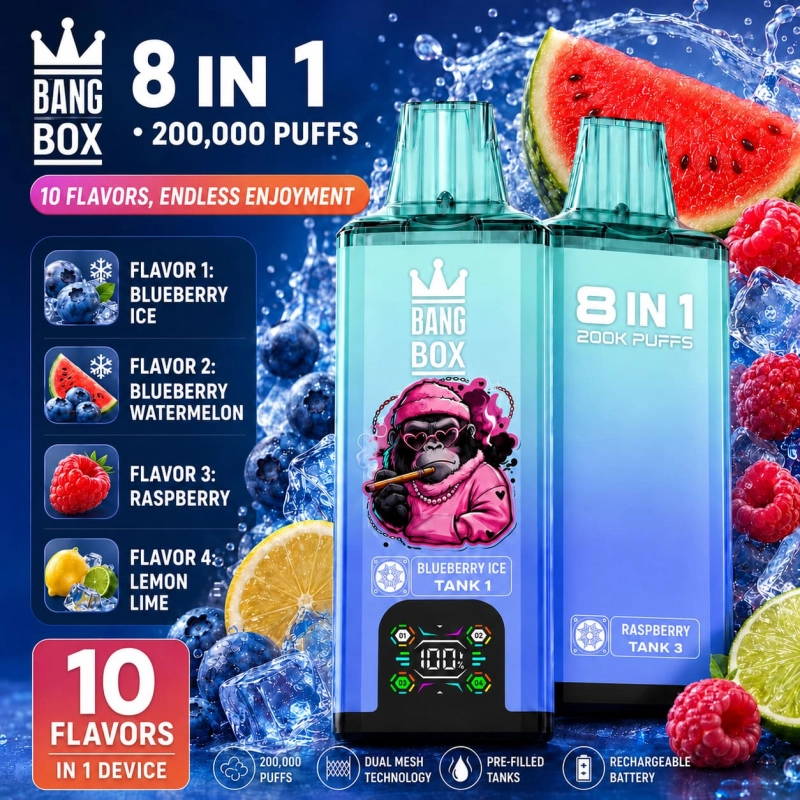 Bang Box 200K Blueberry Ice and Blueberry Watermelon Raspberry Lemon Lime flavor vape