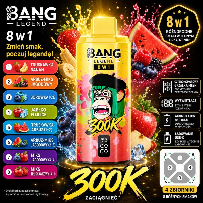 Bang Legend 300K 8w1 jednorazowy vape – Jabłko-Gruszka, Truskawka-Mango, Truskawka-Arbuz, Borówka Ice