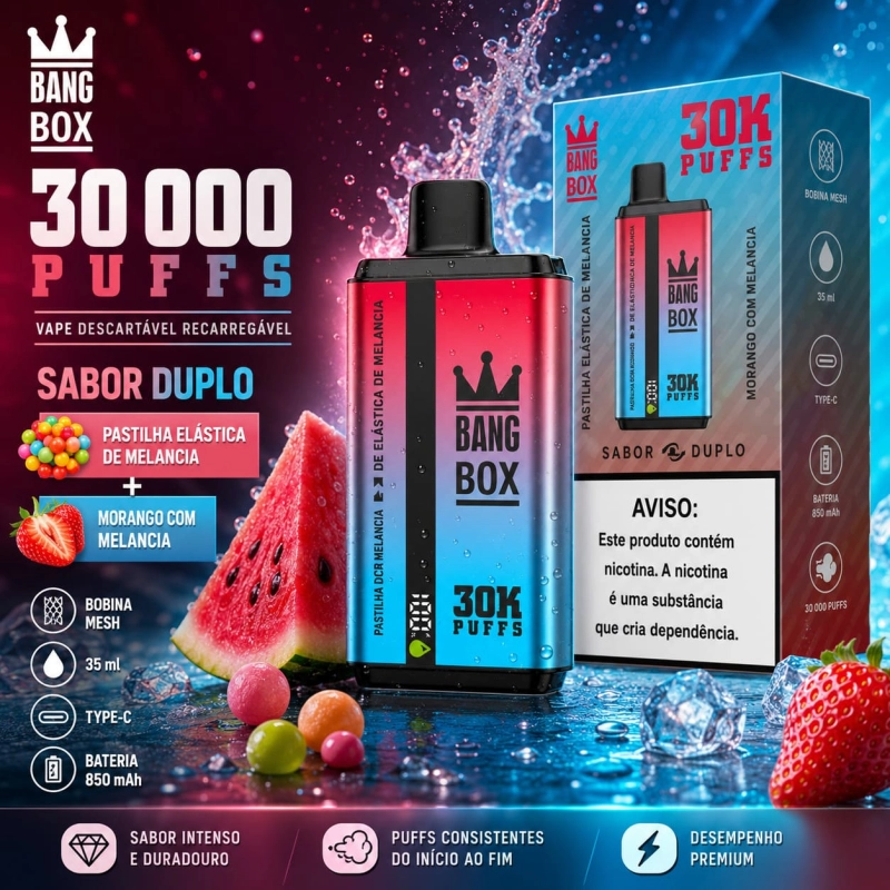 Bang Box 30000 Puffs vape descartável recarregável com dois sabores chiclete de melancia e morango melancia