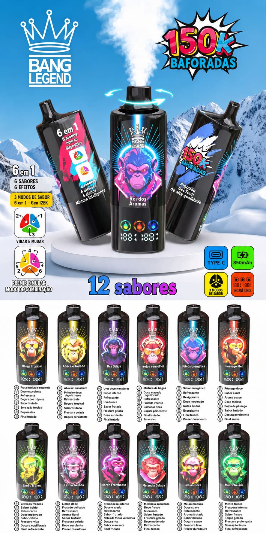 Vape descartável 150K sabores Bang Legend coleção completa com misturas de frutas, incluindo morango, manga, mirtilo, uva e melancia