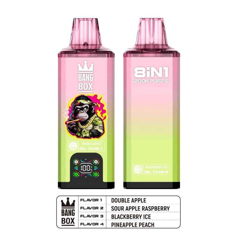 Bang Box 8 in 1 200000 Puffs Disposable Vape Pink-Zöld színben, mutatva az LED kijelzőt és a 4 ízesítésű tartályt