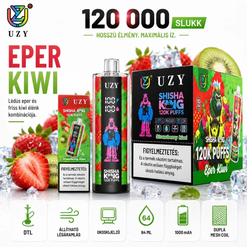 Eper-kivi – UZY Shisha Hookah King 120K vape eper és kivi friss gyümölcs íz 120 000 slukk