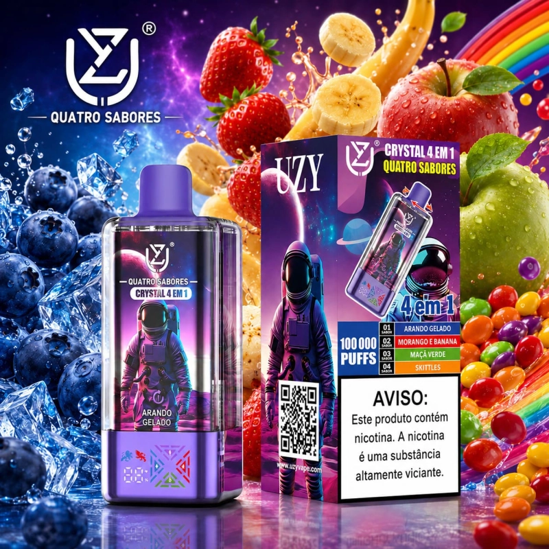 UZY Crystal 100.000 Puffs 4-em-1 vape descartável com sabores gelo de morango e melão, framboesa azul, gelo de mirtilo e framboesa, cereja e espumante
