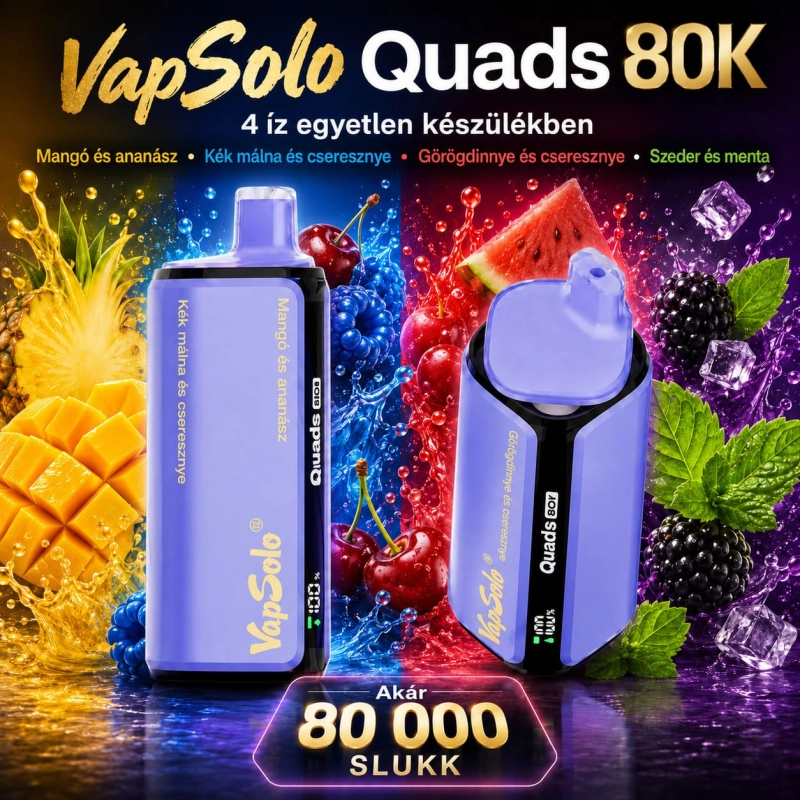 Vapsolo Quads 80K 4 az 1-ben eldobható vape – mangó-ananász, kék málna-cseresznye, görögdinnye-cseresznye és szeder-menta ízek