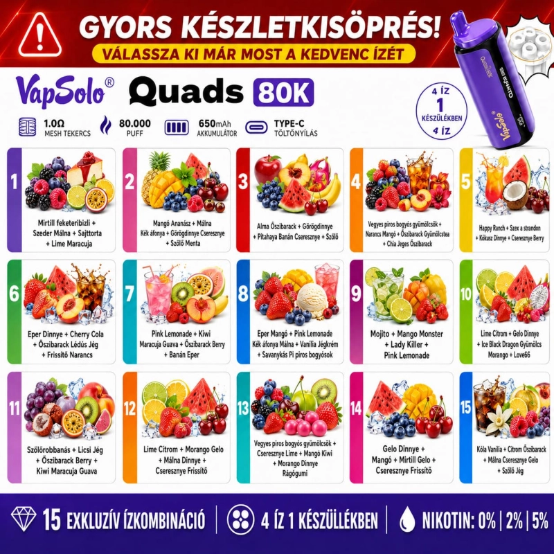 Vapsolo Quads 80K 4 az 1-ben eldobható vape többféle ízben – 80 000 slukkos, több íz egy készülékben