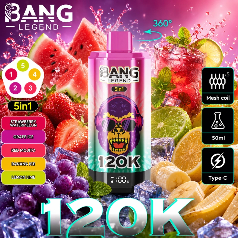Bang Legend 120K görögdinnyefagylalt, eper-mangó, kaliforniai cseresznye, áfonyás őszibarackfagylalt és áfonyás fagylalt ízkészlet