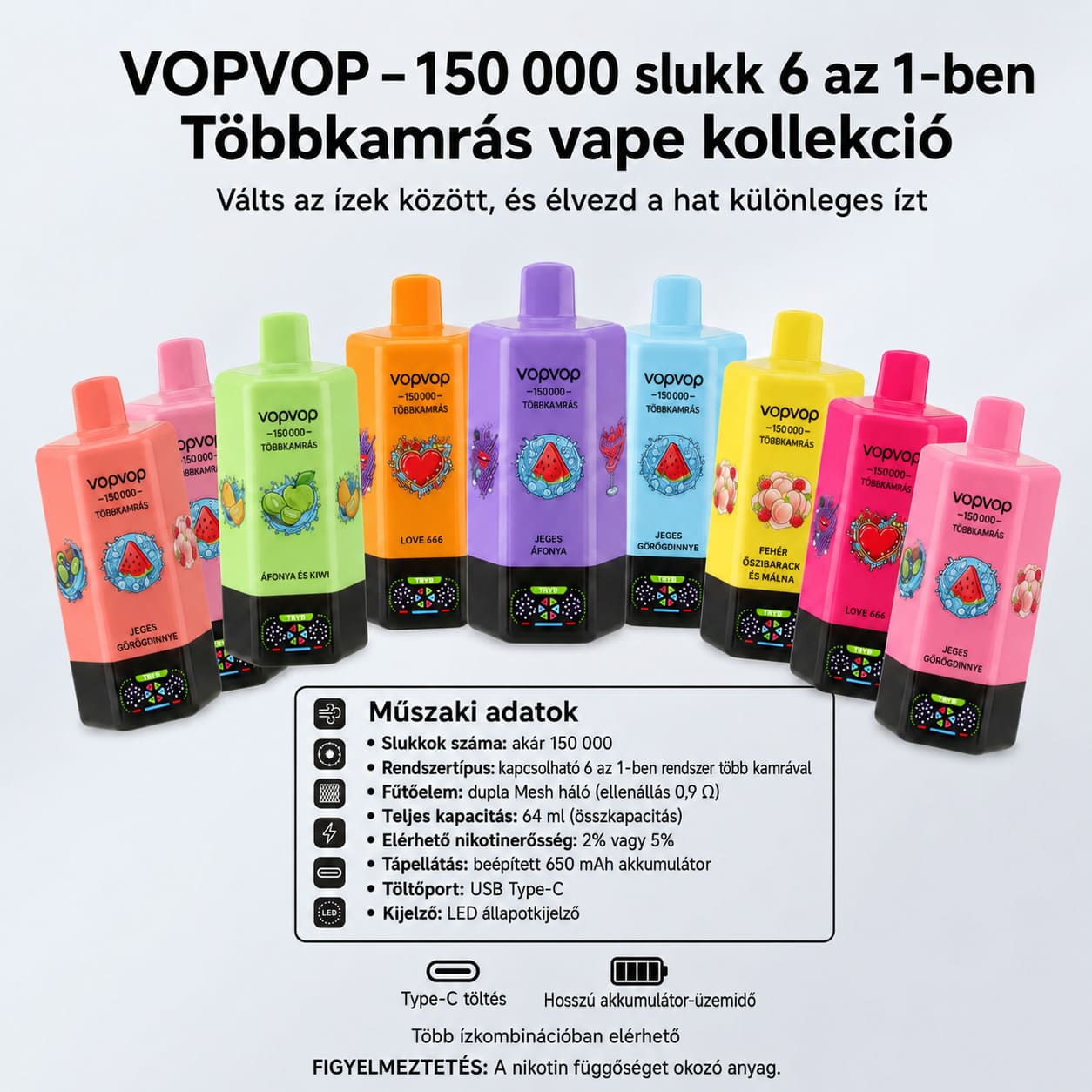 VOPVOP 150K eldobható vape több ízkombináció színes 6 az 1-ben prémium e-liquid gyümölcs aromák Magyarország