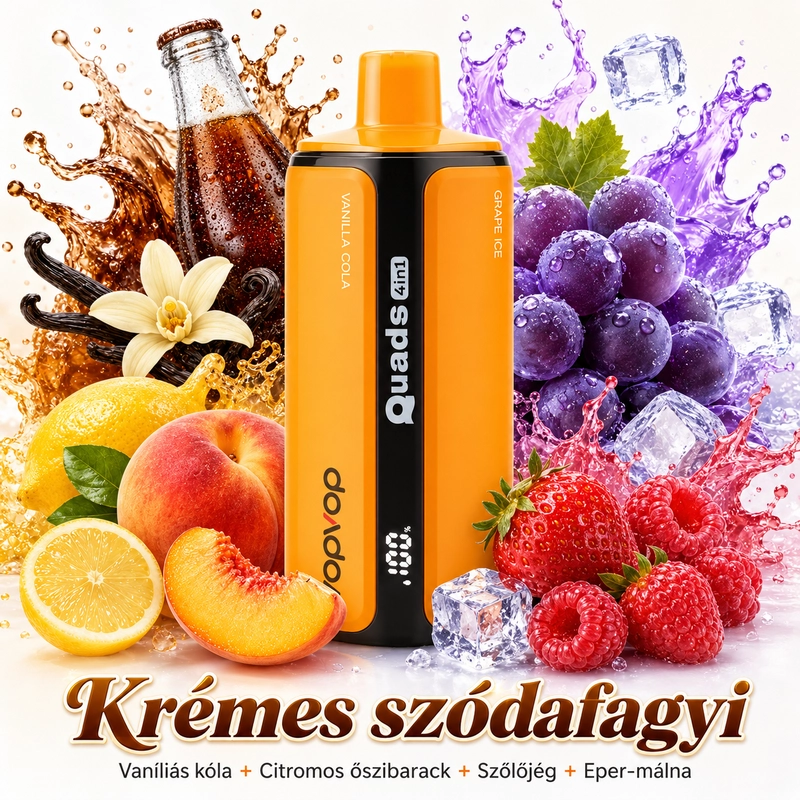VOPVOP Quads 4 in 1 120K eldobható vape Krémes szódafagyi Vaníliás kóla Citromos őszibarack Szőlőjég Eper málna Hungary creamy soda vape