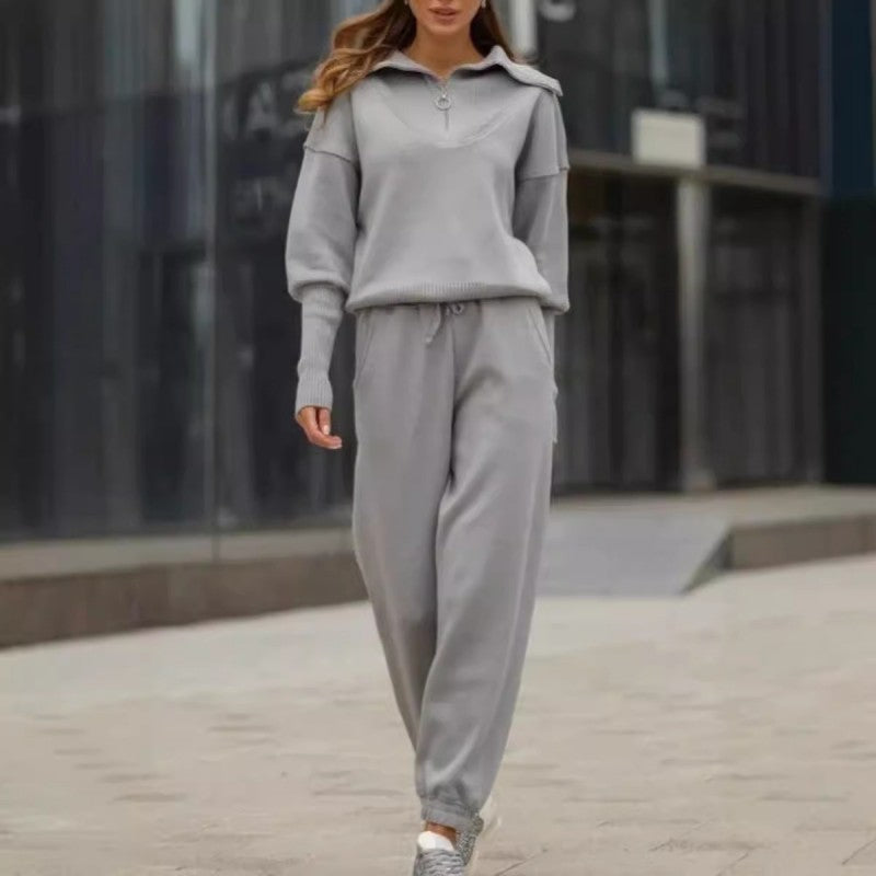 Conjunto de 2 peças de roupa desportiva casual para mulher – top com meio fecho e lapela e jogger a condizer