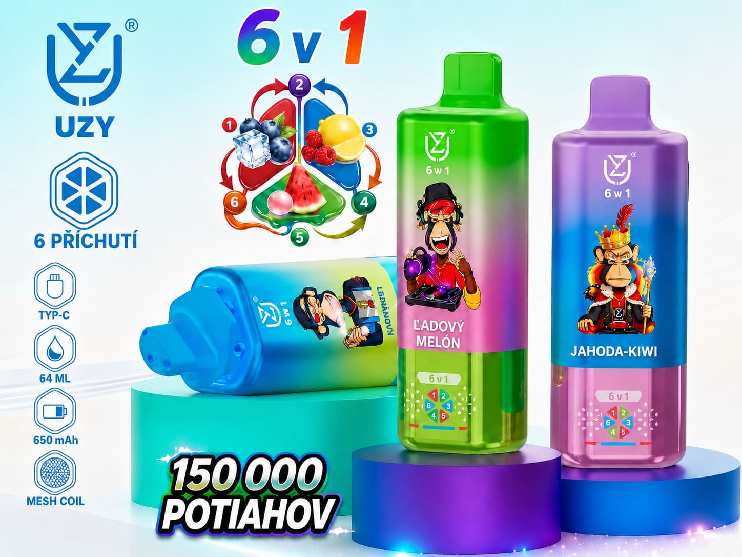UZY 150 000 potiahnutí 6 v 1 – viacfarebné jednorazové e-cigarety, 6 príchutí, USB-C nabíjanie, 850 mAh batéria a LED displej